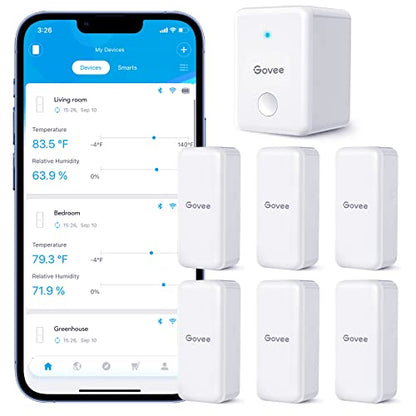 Govee WiFi Hygrometer Thermometer 6 Pack H5100, Indoor Wireless Temperature Humidity Sensor Monitor with Remote App Notification Alert, 2 Years Data Storage Export, for Home, Greenhouse - style: BT Gateway + 6 Sensors