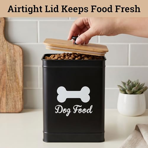 Dog Food Container Airtight Bamboo Lid 5-7 lb, 25 Cups, Sturdy Metal Handle | Pet Jar For Dogs up to 50lbs, Airtight Bamboo Lid, Sturdy Comfortable Metal Handle, Powder Coated Iron, Kibble Storage Bin - color: Black
