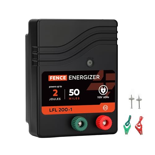Electric Fence Charger AC Powered 50 Miles 165 Acres, 110 Volt 2 Joule Plug-in Electric Fence Energizer, Output Voltage Max 10 kV for Livestock, Preventing Predators from Intruding - size: 2 J