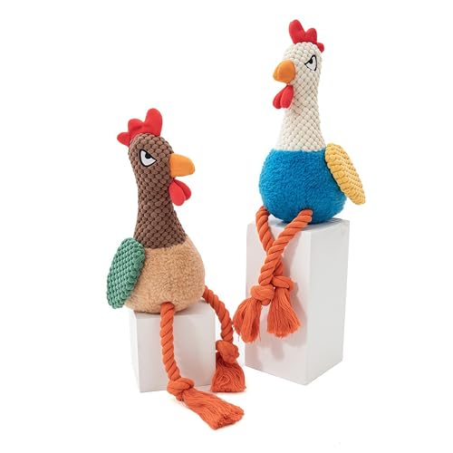 Plush Chicken Dog Toy with Squeaker, Interactive Rope Legs for Small and Medium Dogs, Multicolor Tug and Fetch Chew Rooster Toy - color: Brown Rooster