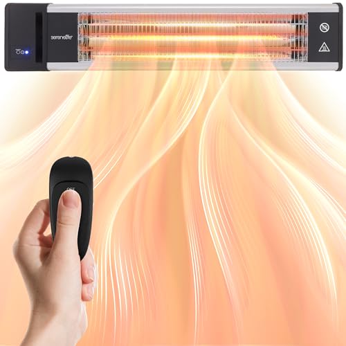 SereneLife Infrared Patio Heater, 1500W, IP65 Approved, Odorless, Wall-Mounted Heater with Remote, Indoor/Outdoor for Patio, Restaurant, Backyard, Garage, Decks - color: Off Black