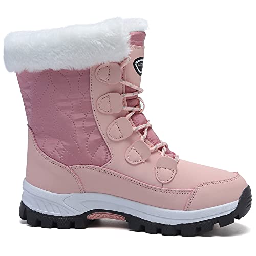 ziitop Womens Snow Boots Warm Fur Lined Winter Boots Anti Slip Ankle Boots Mid Calf Snowboots Waterproof and Cold-Resistant Outdoor Walking Shoes for Women Ladies Girls - color: Pink, size: 9.5