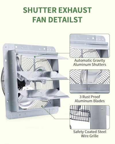 14 Inch Shutter Exhaust Fan, Vent Fan with Power Cord Wall-Mount, High Speed 1520CFM for Garages, Attic, Shops, Greenhouse - size: 14 IN