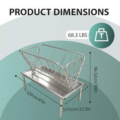 95 Gallon Galvanized Steel Pasture Feeder, 2-in-1 Hay Feeder for Goats and Sheep, Heavy-Duty Livestock Hay Feeders with 6" Deep Grain Pan for Horses Cows Pigs