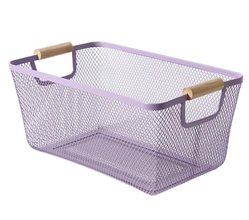 AJIODA Metal Mesh Steel Basket, Large Wire Storage Organizer Basket Multi-function Hanging Kitchen Baskets with Wood Handle for Kitchen Bathroom Picnic Home, Rectangle-Purple - color: Purple, size: 1Pack-Large