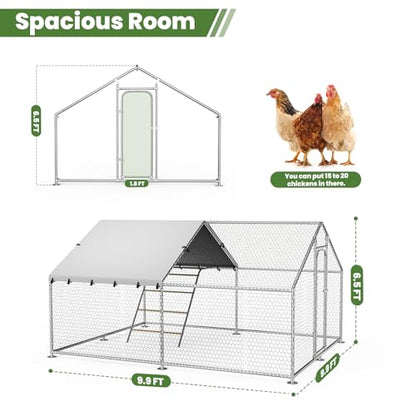 Large Chicken Coop with Waterproof and UV-Resistant Cover,10’ W x 9.9’ L x 6.4’ H Chicken Run Outdoor Walk-in Cage Metal Chicken Run for Yard Farm Use, Spire Roof - size: 10x10Ft