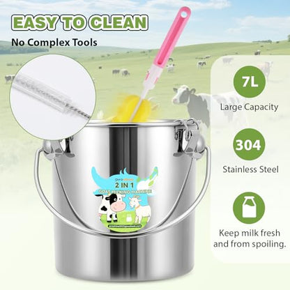 Upgraded 2 in 1 Goat Milking Machine 7L, 304 Stainless Steel Bucket, with 4 Teat Cups for Goat & Cow, Continuously Adjustable Pulsation Vacuum Milker - size: 7L
