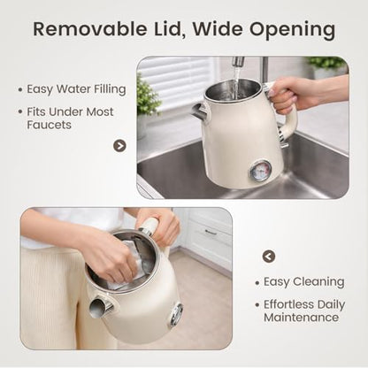Mecity Retro Electric Kettle 1.7L, Stainless Steel Interior, Food-Grade Silicone Water Contact, Double Wall Cool Touch, 1500W Fast Boil, Thermometer (°F/°C), Wide Opening, Cream - color: Cream