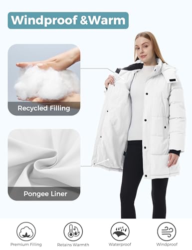 ZSHOW Women's Long Quilted Winter Coat Waterproof Warm Puffer Jacket Parka with Detachable Hood - color: White, size: X-Large
