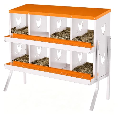 Garvee Ventilated Rustproof Metal Chicken Nesting Box – 8 Compartments, Removable Drop Tray, Easy Clean & Install, with Bracket, Orange - color: Orange, size: 8 holes with legs