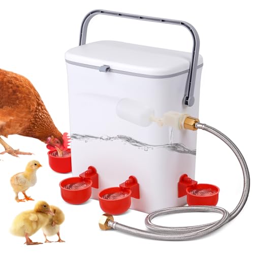 Automatic Water Dispenser for Chickens, 2 Gallons Float-Control Auto Waterer with 4 Water Cups, Chicken Drinker with Hose Attachment for Chicks, Gooses, Ducks, Turkeys