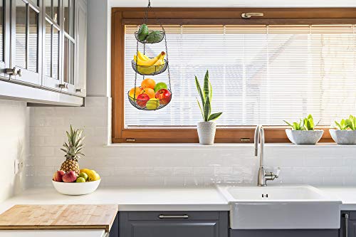 CAXXA 3-Tier Hanging Basket Fruit Organizer Kitchen Heavy Duty Wire Organizer with 2 Free Bonus Metal Ceiling Hooks(Bronze) - color: Bronze