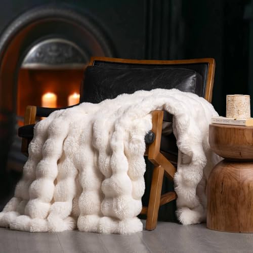 EverGrace Ultra Soft Luxury Fluffy Faux Rabbit Fur Throw Blanket, Thick Warm Bubble Throw for Bed, Cozy Plush Reversible Blankets for Couch, Chair, Sofa, Ivory White, 50x60 Inches - color: Ivory White, size: 50"x60"