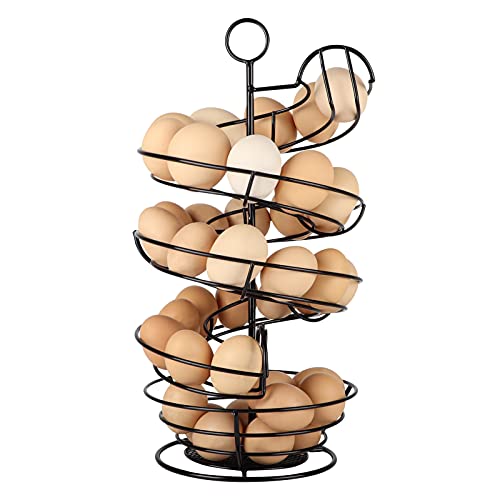 QUTREY Black Metal Egg Holder Countertop, Fresh Egg Skelter, Spiral Design Egg Dispenser Rack with Storage Basket for Display Easter Eggs - color: Black, size: 2 rails for med egg