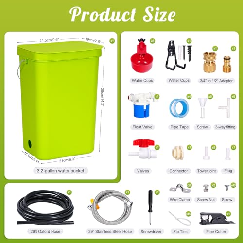 3.2Gal Automatic Chicken Waterer System Float Control Poultry Water Dispenser Complete Set Pipeline with Chicken Water Cups, Chicken Water Feeder for Chickens Ducks Geese Quail