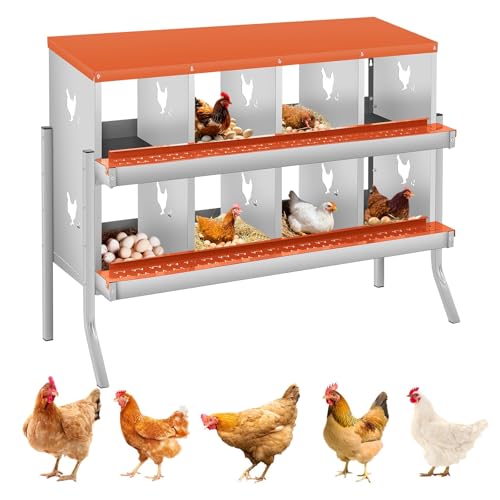 8 Compartment Chicken Nesting Boxes, Metal Roll Away Egg Laying Boxes with Removable Tray & Lid Cover, Chicken Coop Nest Box for Hens, Egg Protection Design (with Legs) Red - color: Orange, size: 8 hole - with leg