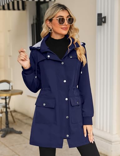 Bloggerlove Rain Jacket Women Lightweight Raincoat Waterproof Windbreaker Striped Climbing Outdoor Hooded Trench Coats S-XXL - color: Navy Blue, size: Medium