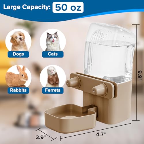 50 oz Rabbit Water Dispenser,Gravity Dog Water Bowl Dispenser for Cage,Auto Water Bottle for Ferret,Cat,Dog and Other Animals, Compatible with Widemouth Cages - color: Brown