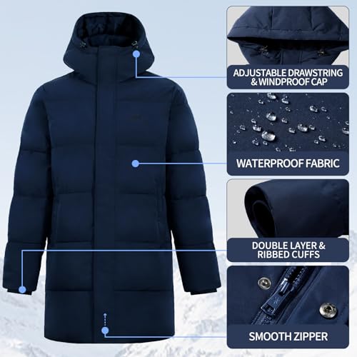 Pioneer Camp Mens Long Winter Coat Hooded Waterproof Insulated Puffer Jacket Thicken Puffy Warm Down Windbreaker Parka - color: Navy, size: XX-Large