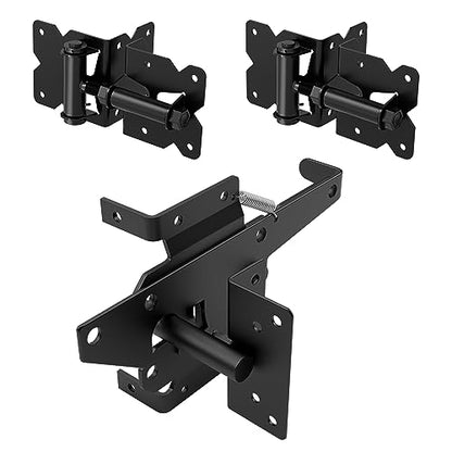 ZEKOO Stainless Steel Vinyl Fence Gate kit, Self Closing Gate Hinges and Latch, Rust Proof, Use for Vinyl Fence Gate and Wood Fences Gate, Heavy Duty 1 Gate Latch 2 Gate Hinges (Black) - color: Black One Set