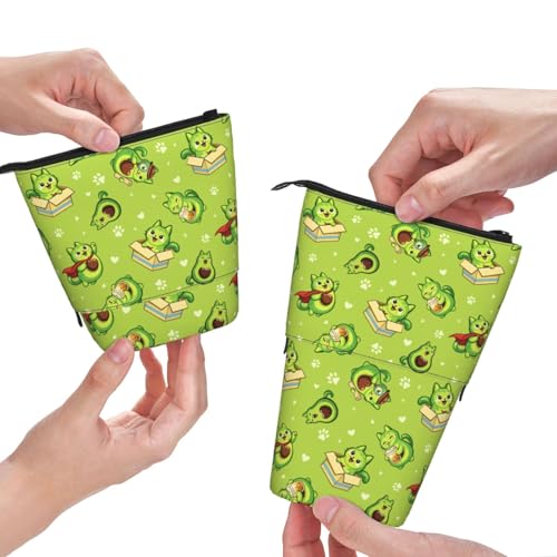 Avocado Cat Kids Standing Pencil Case Girls Boys Telescopic Stationary Pouch with Zipper Large Capacity Stand up Pen Bag Portable Makeup Holder for Children School Students Office Supplies - color: Avocado Cat