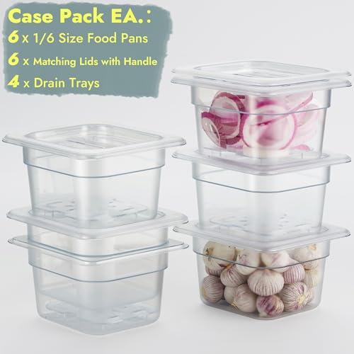 CURTA 6-Pack 1/6 Size 4" Deep NSF Polycarbonate Food Pans with Handled Lids & Drain Trays | Dishwasher & Freezer Safe Clear Container for Prep Tables, Buffet, Salad Bar, Commercial & Home Kitchen - color: 1/6 Size, size: 4" Deep Pan with Lid