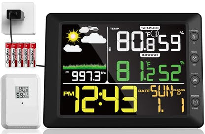 DOOMAY Indoor Outdoor Wireless Weather Station | Digital Thermometer Hygrometer Monitor with Barometric Pressure, Weather Forecast, Alarm Clock & Temp/Humidity Calibration