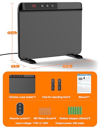 Chicken Coop Heater with Adjustable Temperature Remote Control, 200 Watts Radiant Heat Flat Panel Heaters for Winter Heating，Energy Efficient Warmer for Chick Poultry Animals, Black