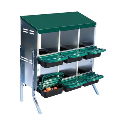 TrailBlaze Green Metal Chicken Nesting Box with Bracket Legs – 6 Compartments, Pull-Out Tray, Roll-Away Design, Lid Cover for Protection, Poultry Equipment – (Green with Bracket Legs, 6 Compartment