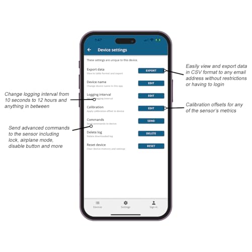 Bluetooth Compatible Thermometer, Hygrometer & Dew Point Sensor and Logger, Smart Temperature Humidity Monitor, Unlimited Phone Storage. Simple Data Export. Made in USA