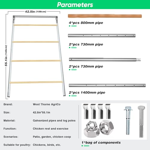 Chicken Perch for Coop, Sturdy Chicken Roosting Ladder, Easy Assembly, 32mm Diameter Galvanized Pipe and Wooden Material, Chicken Roost Essentials for Backyard Poultry (42.5" W x 55" H)