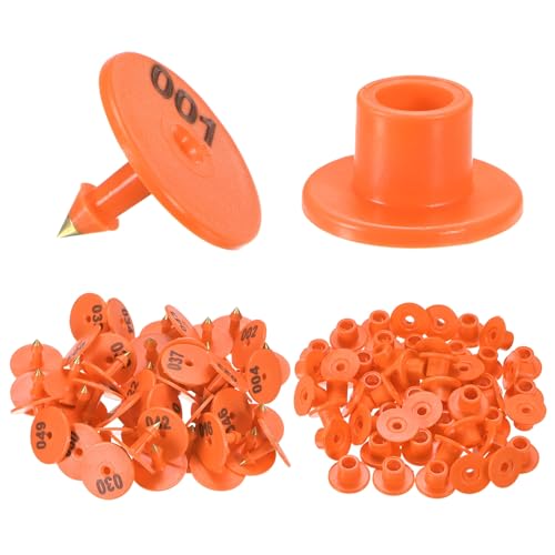 M METERXITY 50-Pack Cattle Ear Tags 001-050 Number, Plastic Round Livestock Ear Tags for Cows/Sheep/Cattle/Pig, Farm Animal Identification Markers [Orange] - color: Orange