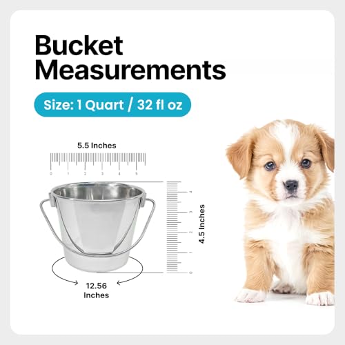 1 Quart Stainless Steel Bucket - Heavy Duty Flat Side Small Metal Bucket for Feeding & Watering Pets, Livestock & Cleaning - Perfect for Crates, Kennels, Cages & Hang on Fences - 0.25 gal - size: 1 Quart