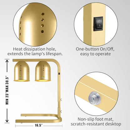 Heat Lamp for Food, with Two 250W Bulbs for Fast and Even Heating, Food Heat Lamp with Adjustable Height Stand, Commercial Food Warmer Lamp for Home, Fast Food Restaurant, Buffet, Bakery, Gold - color: Gold