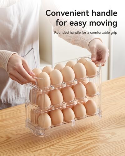3-Tier Egg Holder, Holds 30 Eggs with Lift-Up Layers & Date Tracker, Multi-Use egg Organizer with Handle for Countertop, Pantry, Refrigerator, Clear