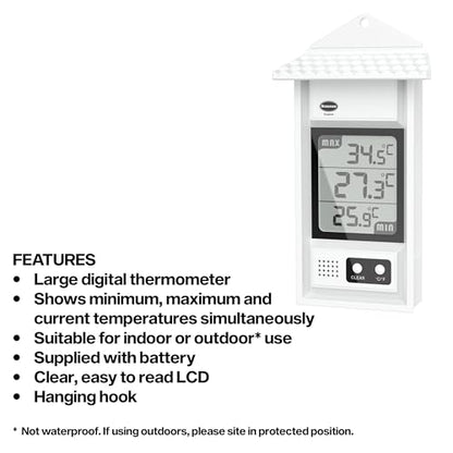 Digital Max Min Greenhouse Thermometer - Monitor Max and Min Temperatures in The Greenhouse Garden or Home for Indoor or Outdoor Use Easily Wall Mounted