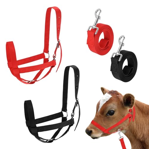 M METERXITY 2-Pack Adjustable Cattle Cow Calf Halter, 18.9"-23.23" Nylon Livestock Cow Halter with Leading Rope for Miniature Horse/Donkey/Goat/Cattle [Red, Black] - color: Red, Black, size: 18.9"-23.23"