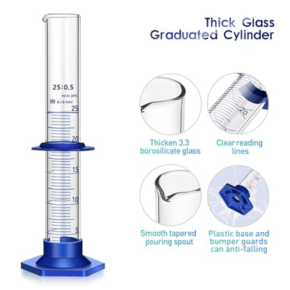 Thick Glass Graduated Cylinder Measuring Liquid Lab Cylinders with Anti-Falling Plastic Base and Bumper Guards and Cylinder Brush (Glass, 25ML) - size: 25ML
