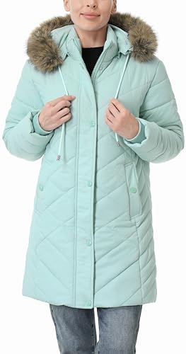 Women's Long Warm Winter Coat Windproof Thickened Fleece Lined Down Jacket Waterproof Puffer Outerwear with Removable Hood - color: Light Green, size: Large