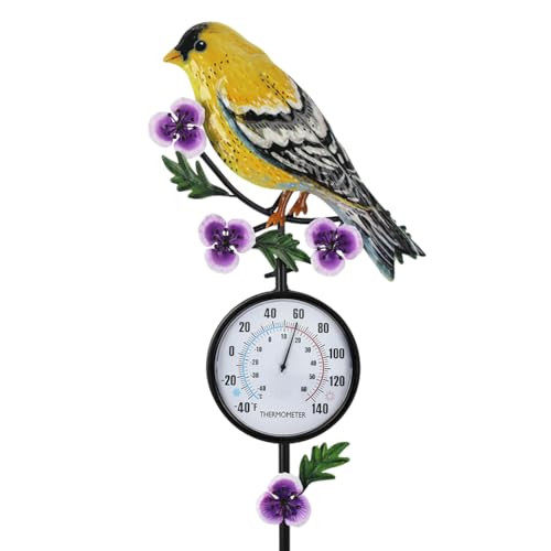 Outdoor Thermometer, Hummingbird Outside Thermometer with Garden Stake, 35" Tall No Battery Needed Wall Thermometer for Yard Patio Decor - color: Yellow Hummingbird