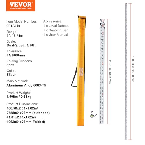VEVOR Aluminum Grade 9-Feet 3 Sections Telescopic Measuring Rod, Double-Sided Scale 1/10ft Leveling Rod with Bubble Level & Carrying Bag for Houses, Walls, Floors - size: 9 FT-10ths