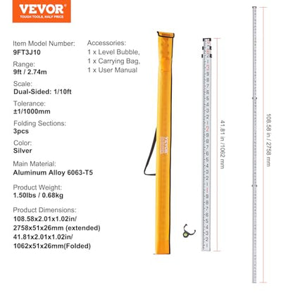 VEVOR Aluminum Grade 9-Feet 3 Sections Telescopic Measuring Rod, Double-Sided Scale 1/10ft Leveling Rod with Bubble Level & Carrying Bag for Houses, Walls, Floors - size: 9 FT-10ths
