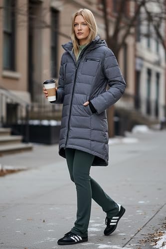 Orolay Women's Winter Down Jacket Long Quilted Puffer Coat Warm Hooded Slim Fit Outerwear - color: Dark Grey, size: X-Small