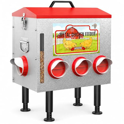 50LBS Metal Chicken Feeder Dispenser with Lid, Adjustable Legs, 8 Feeding Ports, No-Waste & Rodent-Proof Design, Visual Feed Level Indicator, Durable Outdoor Poultry Feeder for Chickens, and Geese