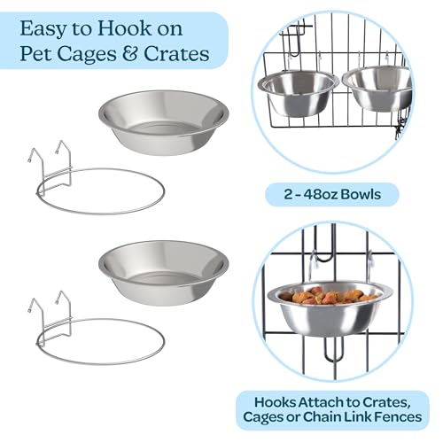 Set of 2 Stainless-Steel Dog Bowls - Cage, Kennel, and Crate Hanging Pet Bowls for Food and Water - 48oz Each and Dishwasher Safe by PETMAKER