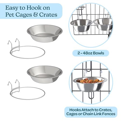 Set of 2 Stainless-Steel Dog Bowls - Cage, Kennel, and Crate Hanging Pet Bowls for Food and Water - 48oz Each and Dishwasher Safe by PETMAKER