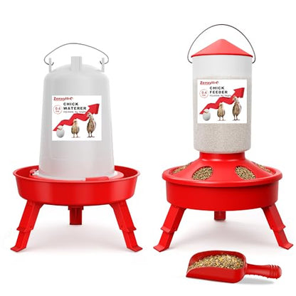 2-in-1 Chick Starter Set: 0.4 Gal Top Filling Feeder and 0.4 Gal Waterer with Adjustable Legs for Baby Chicks, Includes Scoop, Hanging Hooks, Anti-Drown Design (Red) - size: 0.4Gal Feeder & 0.4Gal Waterer