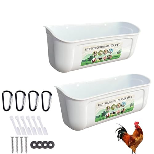 2 Pack Wall Mounted or Hanging Feed Trough, Anti-waste Lightweight Feeder Trough Chickens, Movable Poultry Water Troughs for Sheep/Dog(White) - color: White