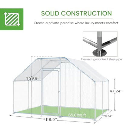 Large Metal Chicken Run, Chicken Coop with Lockable Door Flat Shape Walk-in Chicken Hen House with Waterproof & Anti-UV Cover for Duck Rabbit Habitat Cage Outdoor Poultry Cage for Yard Farm - size: 120.0"L x 79.2"W x 79.2"H