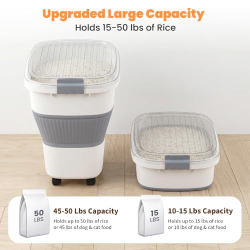 50 Lbs Rice Storage Container with Wheels, Collapsible Airtight Rice Holder with Transparent Lid, Measuring Cup, Scoop, Handle, BPA Free Food Storage Container for Pet Food, Grain, Bird Seed - color: Clear/50lbs
